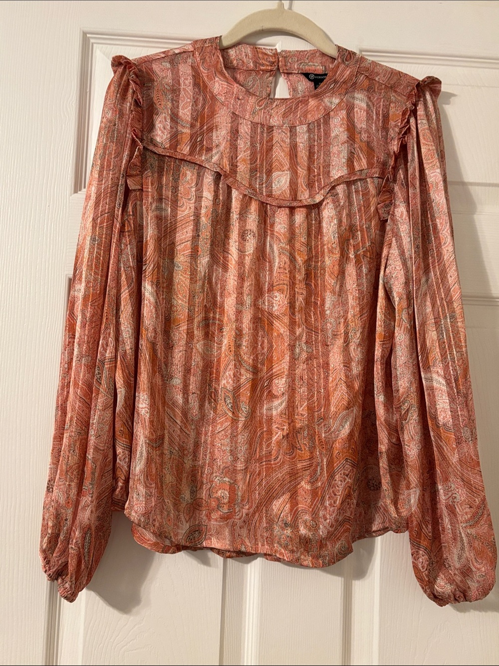 Versona Coral Pink Paisley Ruffle-Yoke Blouse